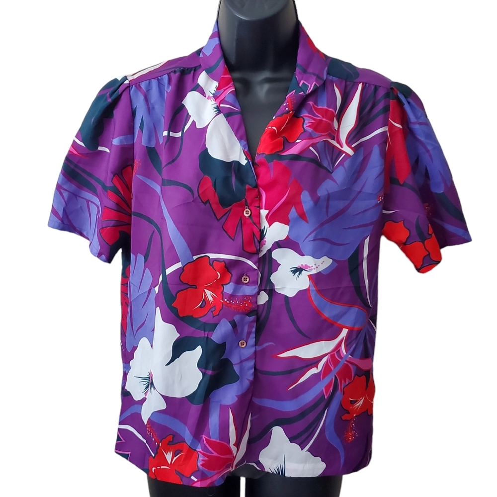 Womens vintage Tropical Hawaiian style 80s purple red blouse medium